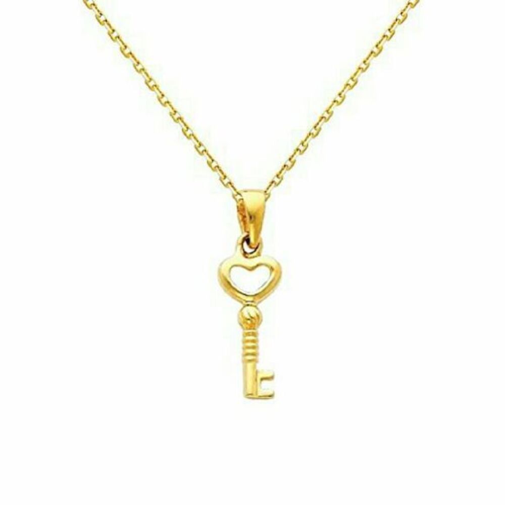 14k Solid yellow Gold Heart key Necklace 2pc set